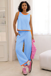 Fisoew Women's Blue 2 Piece Sleeveless Wide Leg Capris Outfits - Fisoew