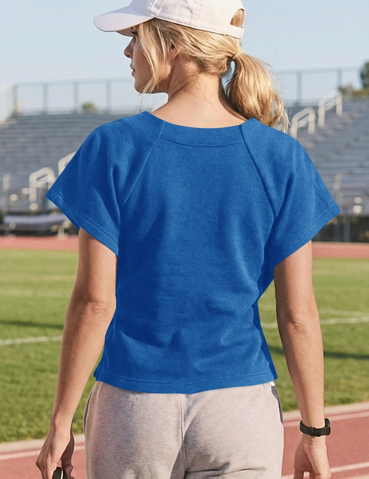 Fisoew Women's  Blue Summer Short Sleeves Tee Tops Crewneck Sweatshirt - Fisoew