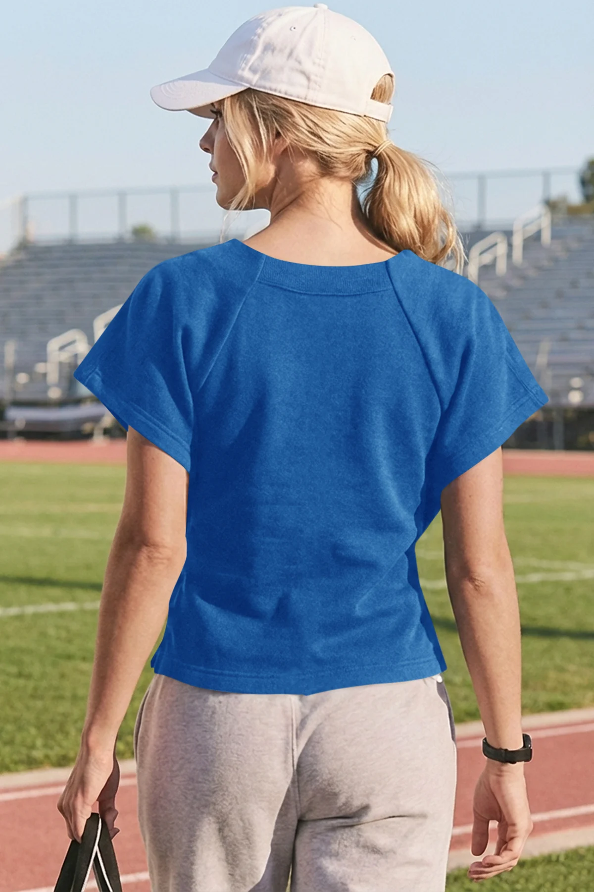 Fisoew Women's  Blue Summer Short Sleeves Tee Tops Crewneck Sweatshirt - Fisoew