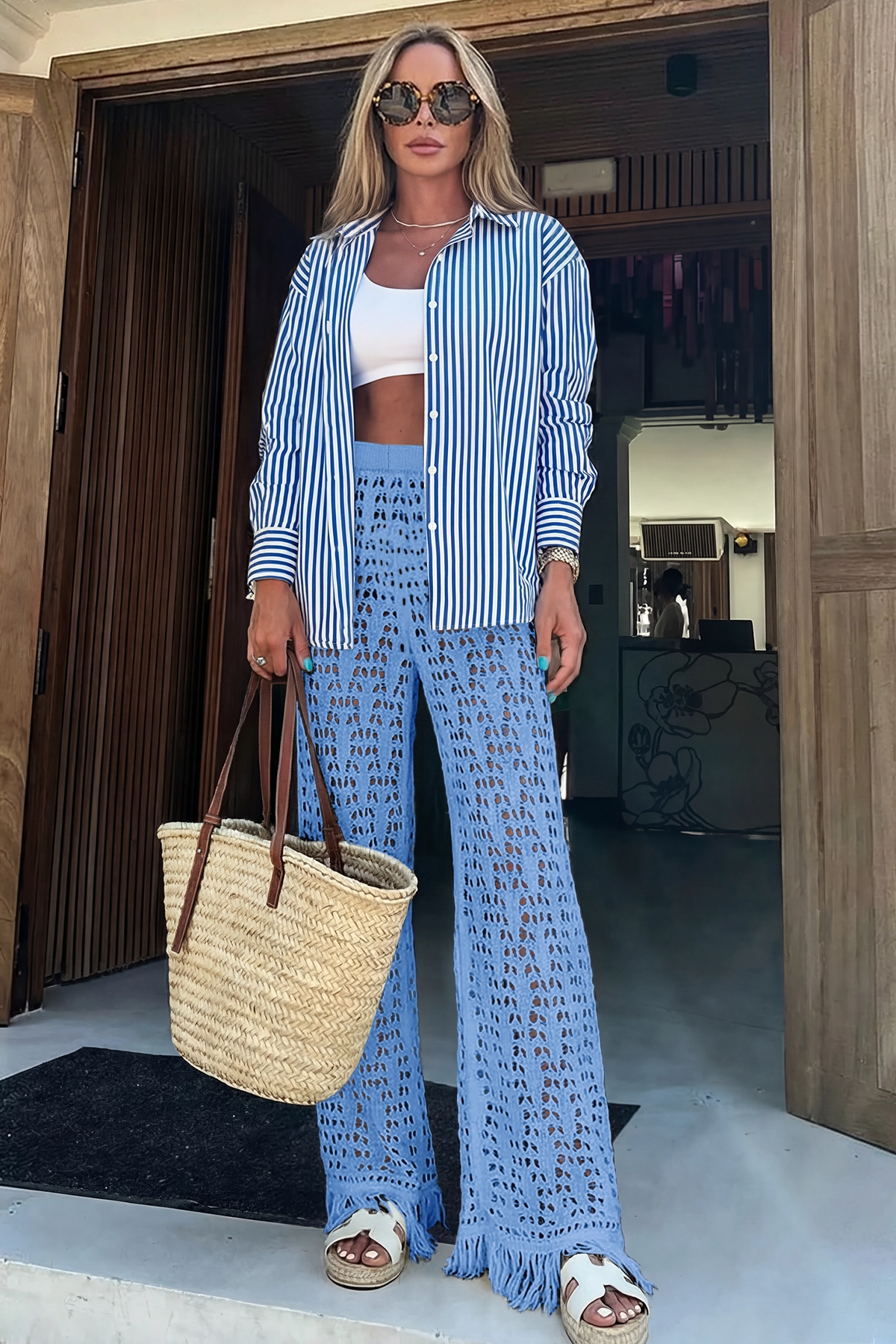 Fisoew Women's Blue Crochet Cover Up Pants