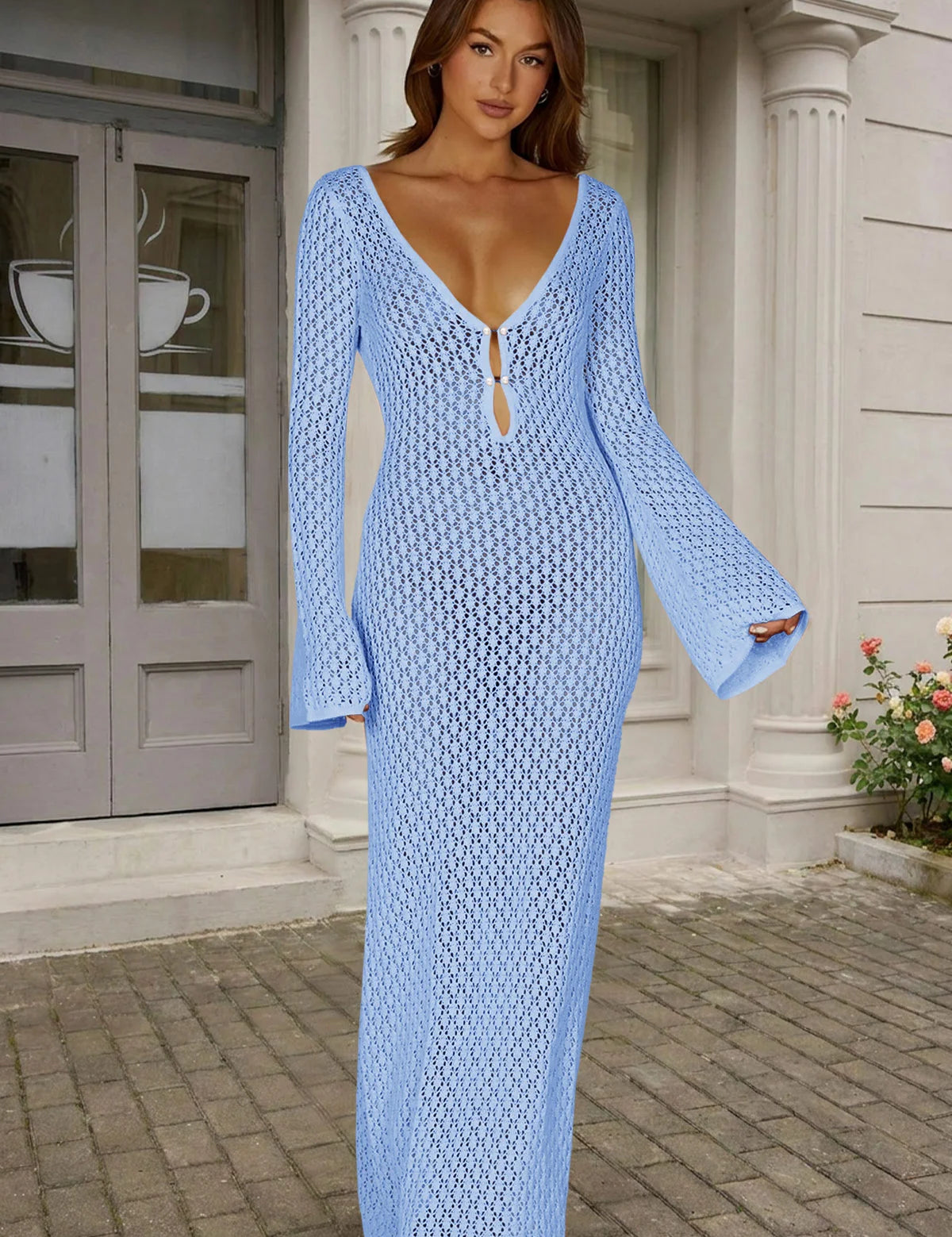 Fisoew Women's Blue Long Sleeve Sexy Bodycon Summer Knit Dresses - Fisoew