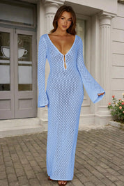 Fisoew Women's Blue Long Sleeve Sexy Bodycon Summer Knit Dresses
