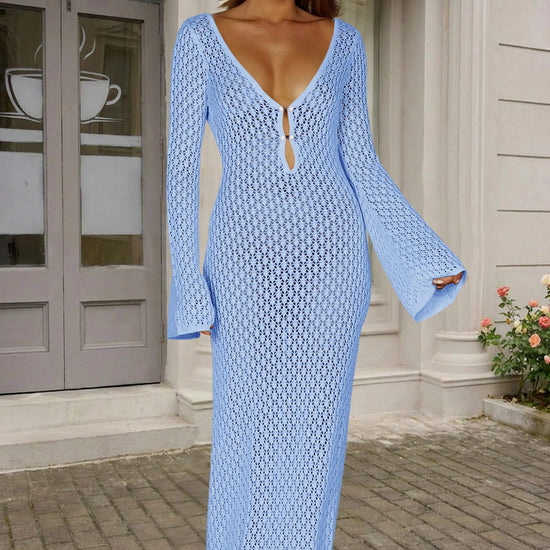 Fisoew Women's Blue Long Sleeve Sexy Bodycon Summer Knit Dresses - Fisoew