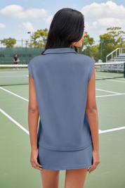 Blue Sleeveless Half Zip Skirt Sets Fisoew