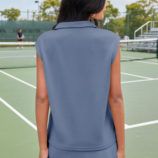 Blue Sleeveless Half Zip Skirt Sets Fisoew - Fisoew