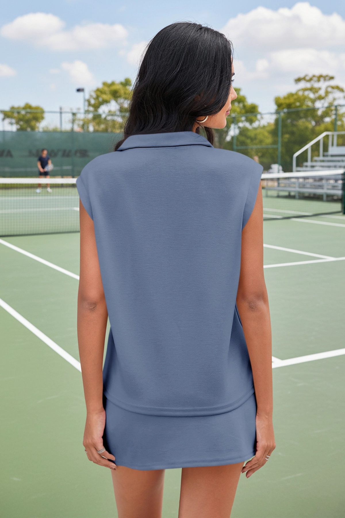 Blue Sleeveless Half Zip Skirt Sets Fisoew - Fisoew