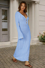 Fisoew Women's Blue Long Sleeve Sexy Bodycon Summer Knit Dresses