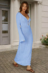 Fisoew Women's Blue Long Sleeve Sexy Bodycon Summer Knit Dresses - Fisoew
