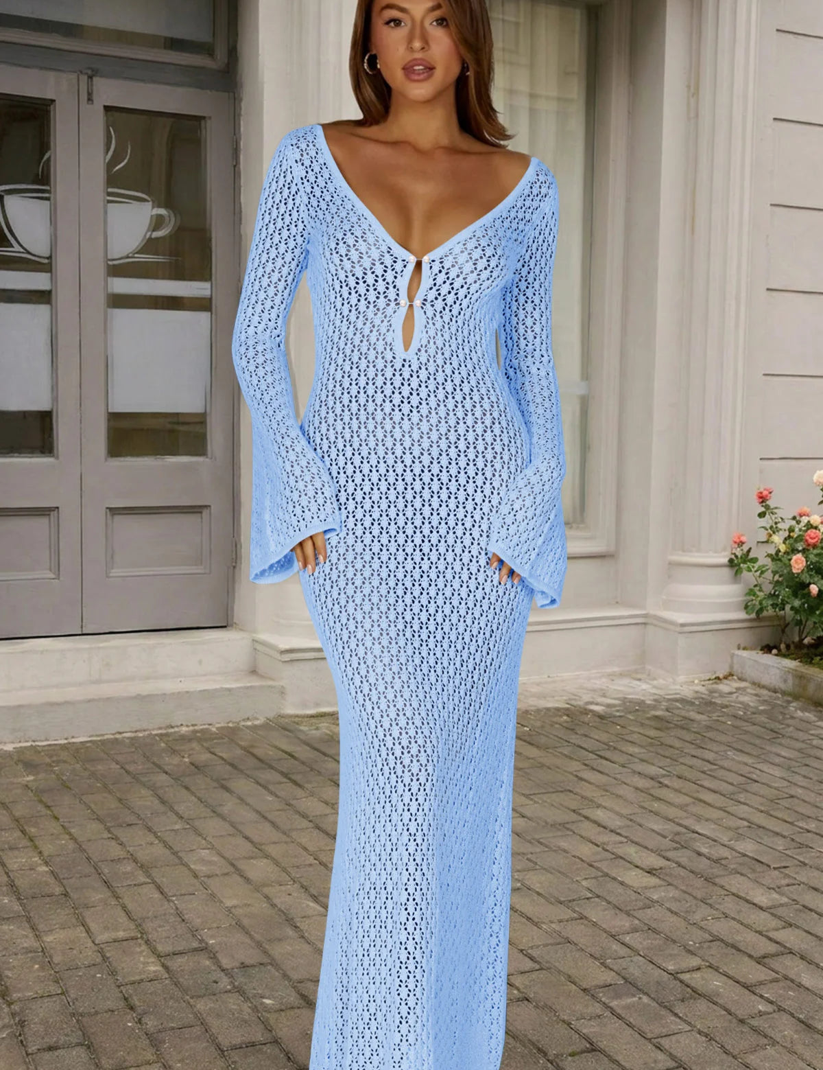 Fisoew Women's Blue Long Sleeve Sexy Bodycon Summer Knit Dresses - Fisoew