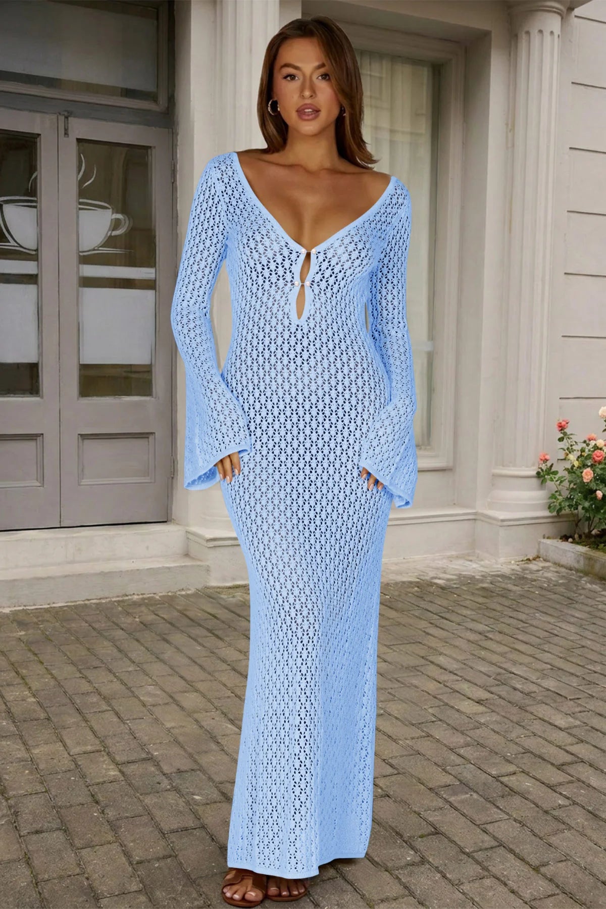 Fisoew Women's Blue Long Sleeve Sexy Bodycon Summer Knit Dresses