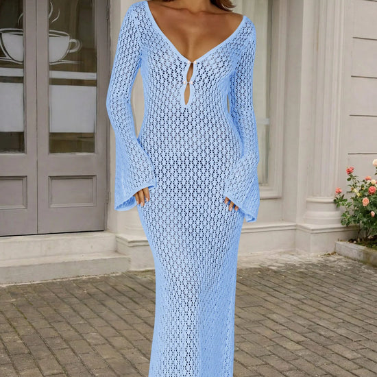 Fisoew Women's Blue Long Sleeve Sexy Bodycon Summer Knit Dresses - Fisoew
