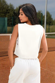 Fisoew Women's White Sleeveless Loose Fit Workout Cropped Tank Tops - Fisoew