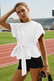 Fisoew Women's White Summer Short Sleeves Tee Tops Crewneck Sweatshirt - Fisoew