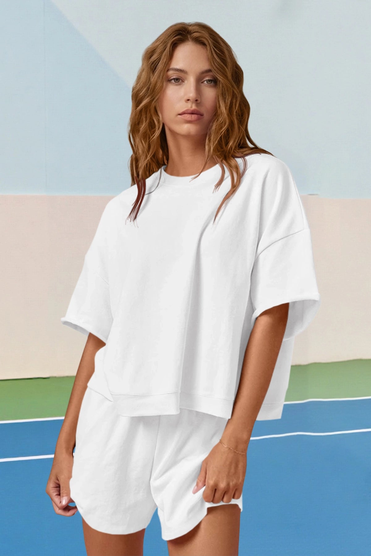 Womens White Oversized 2 Piece Outfits  Fisoew - Fisoew