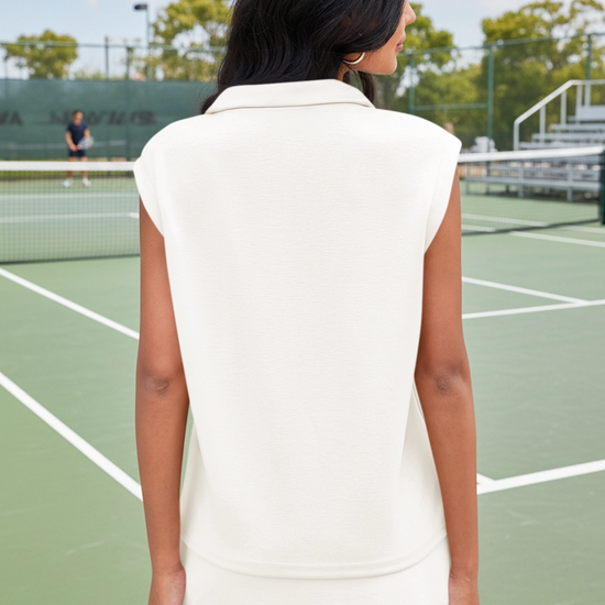 White Sleeveless Half Zip Skirt Sets Fisoew - Fisoew