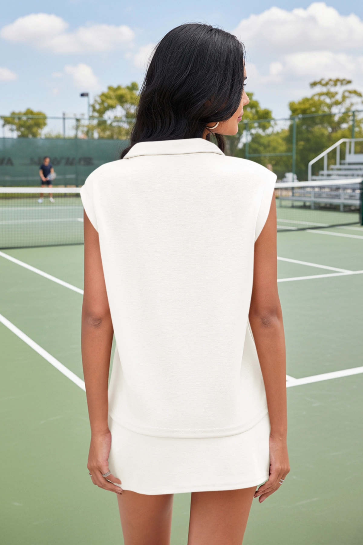 White Sleeveless Half Zip Skirt Sets Fisoew - Fisoew