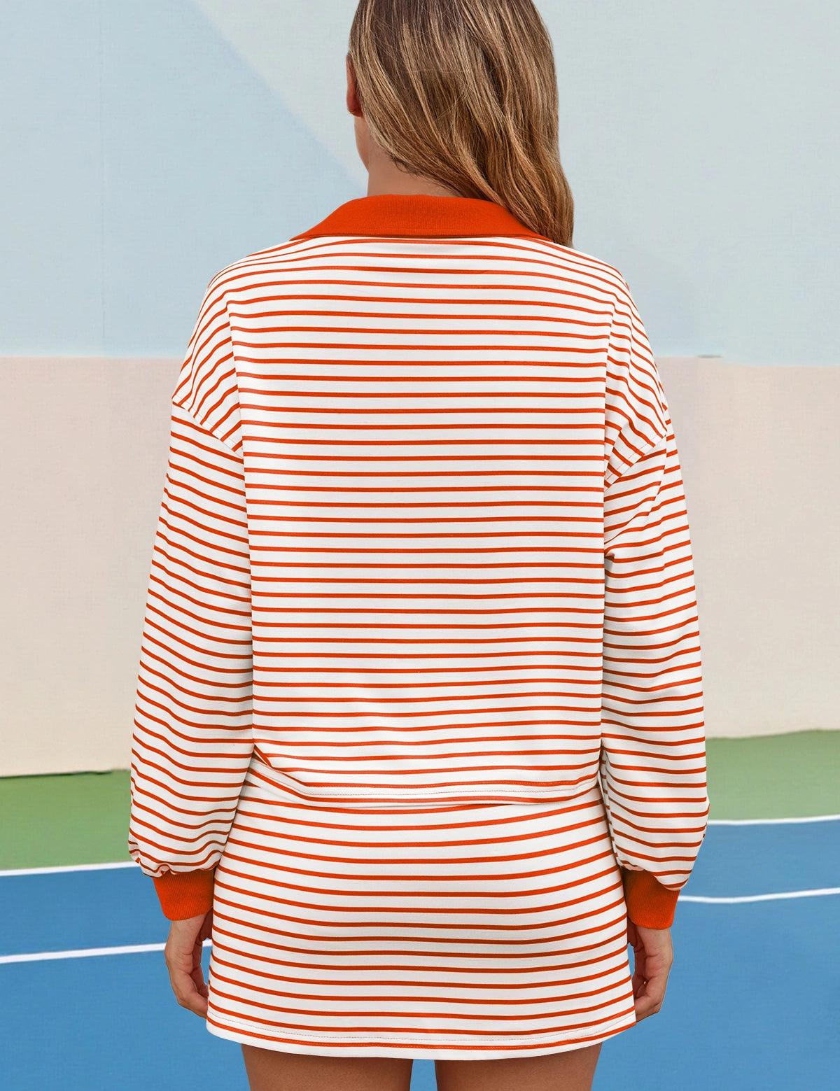Womens Orange Striped 2 Piece Outfits Fisoew - Fisoew
