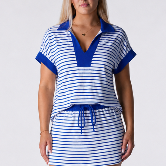 Blue Striped Sweatshirt Skirt 2 Piece Outfits - Fisoew