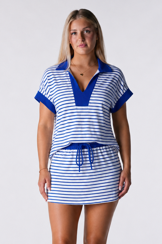 Blue Striped Sweatshirt Skirt 2 Piece Outfits - Fisoew