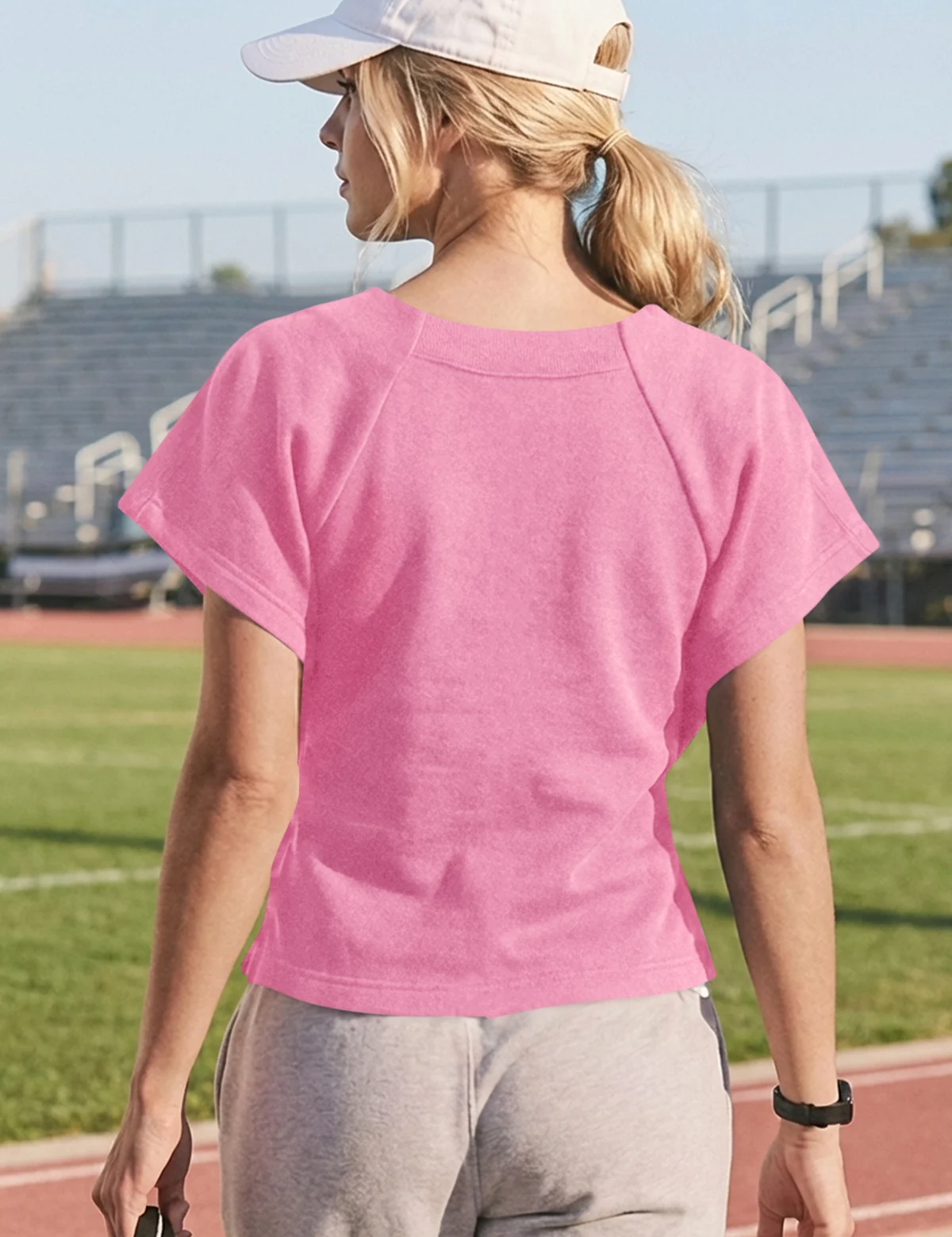 Fisoew Women's Pink Summer Short Sleeves Tee Tops Crewneck Sweatshirt - Fisoew
