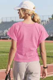Fisoew Women's Pink Summer Short Sleeves Tee Tops Crewneck Sweatshirt - Fisoew