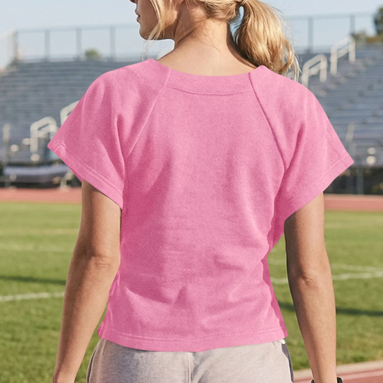 Fisoew Women's Pink Summer Short Sleeves Tee Tops Crewneck Sweatshirt - Fisoew