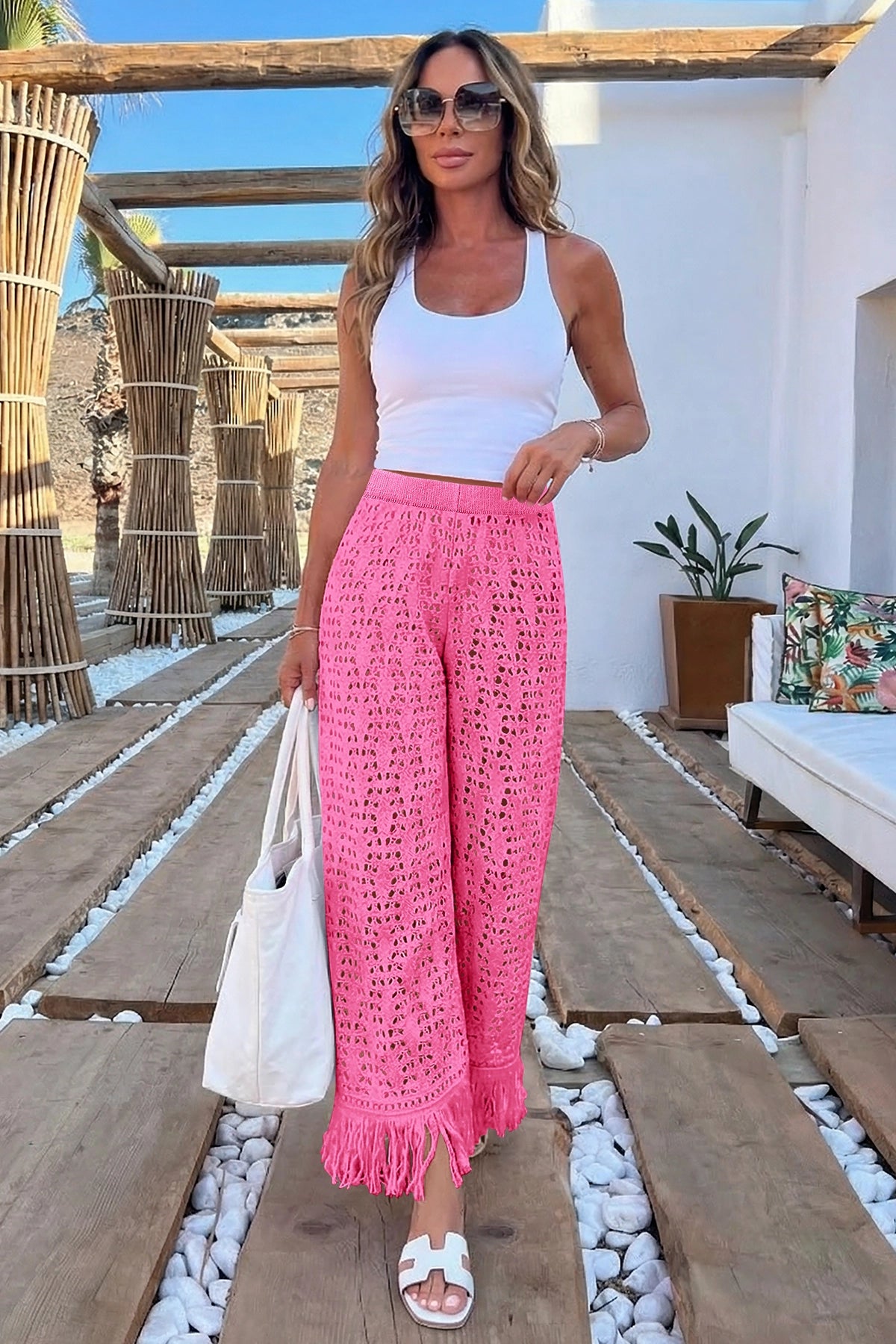 Fisoew Women's Pink Crochet Cover Up Pants