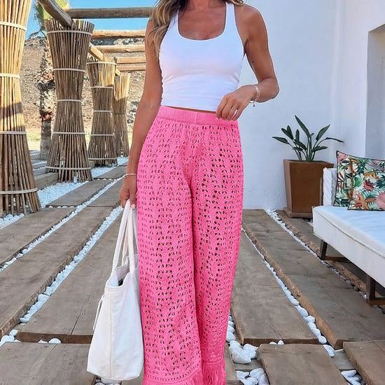 Fisoew Women's Pink Crochet Cover Up Pants - Fisoew