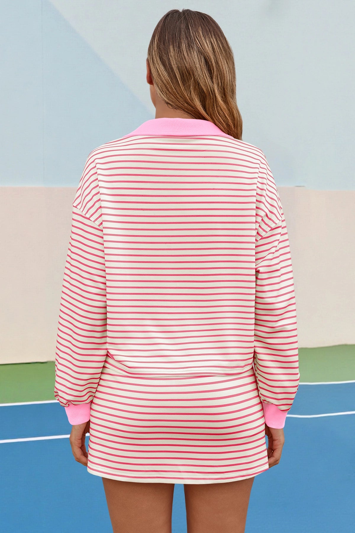 Womens Pink Striped 2 Piece Outfits Fisoew - Fisoew