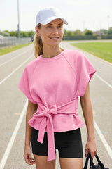Fisoew Women's Pink Summer Short Sleeves Tee Tops Crewneck Sweatshirt