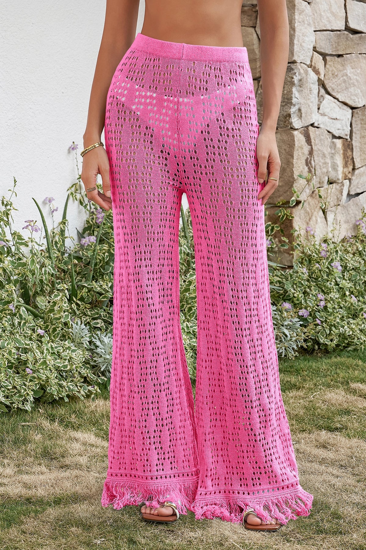 Fisoew Women's Pink Crochet Cover Up Pants