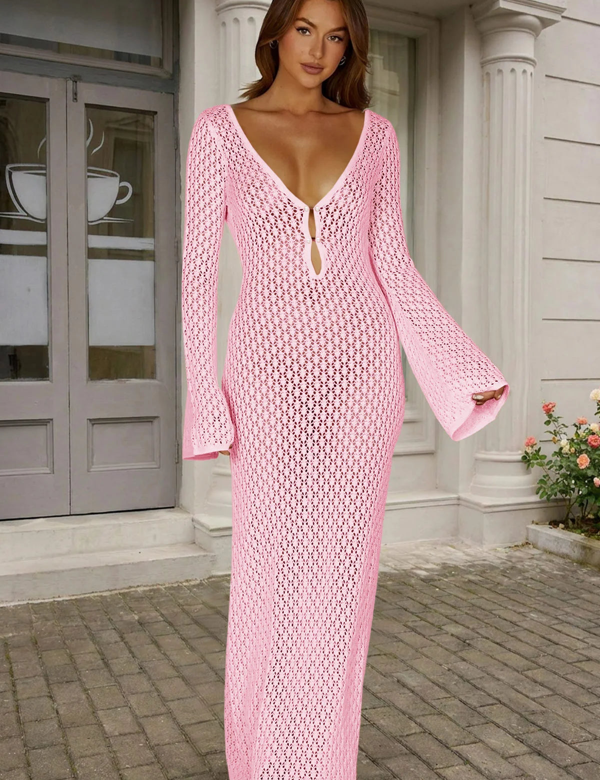 Fisoew Women's Pink Long Sleeve Sexy Bodycon Summer Knit Dresses - Fisoew