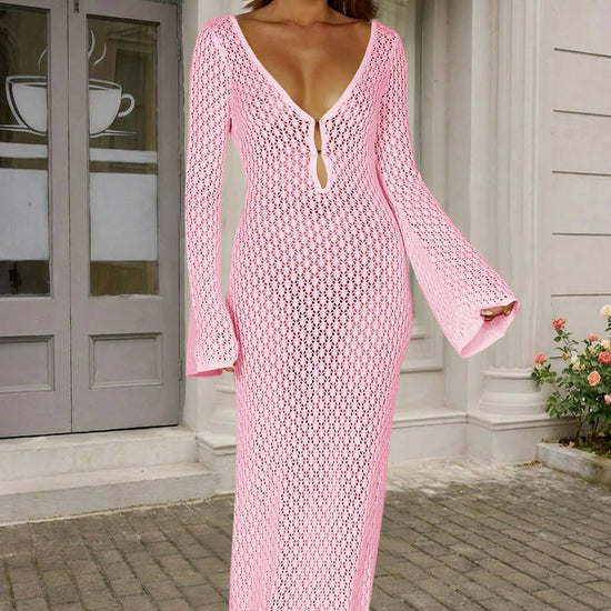 Fisoew Women's Pink Long Sleeve Sexy Bodycon Summer Knit Dresses - Fisoew