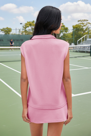 Pink Sleeveless Half Zip Skirt Sets Fisoew - Fisoew