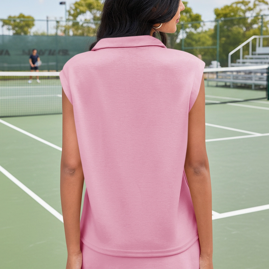 Pink Sleeveless Half Zip Skirt Sets Fisoew - Fisoew