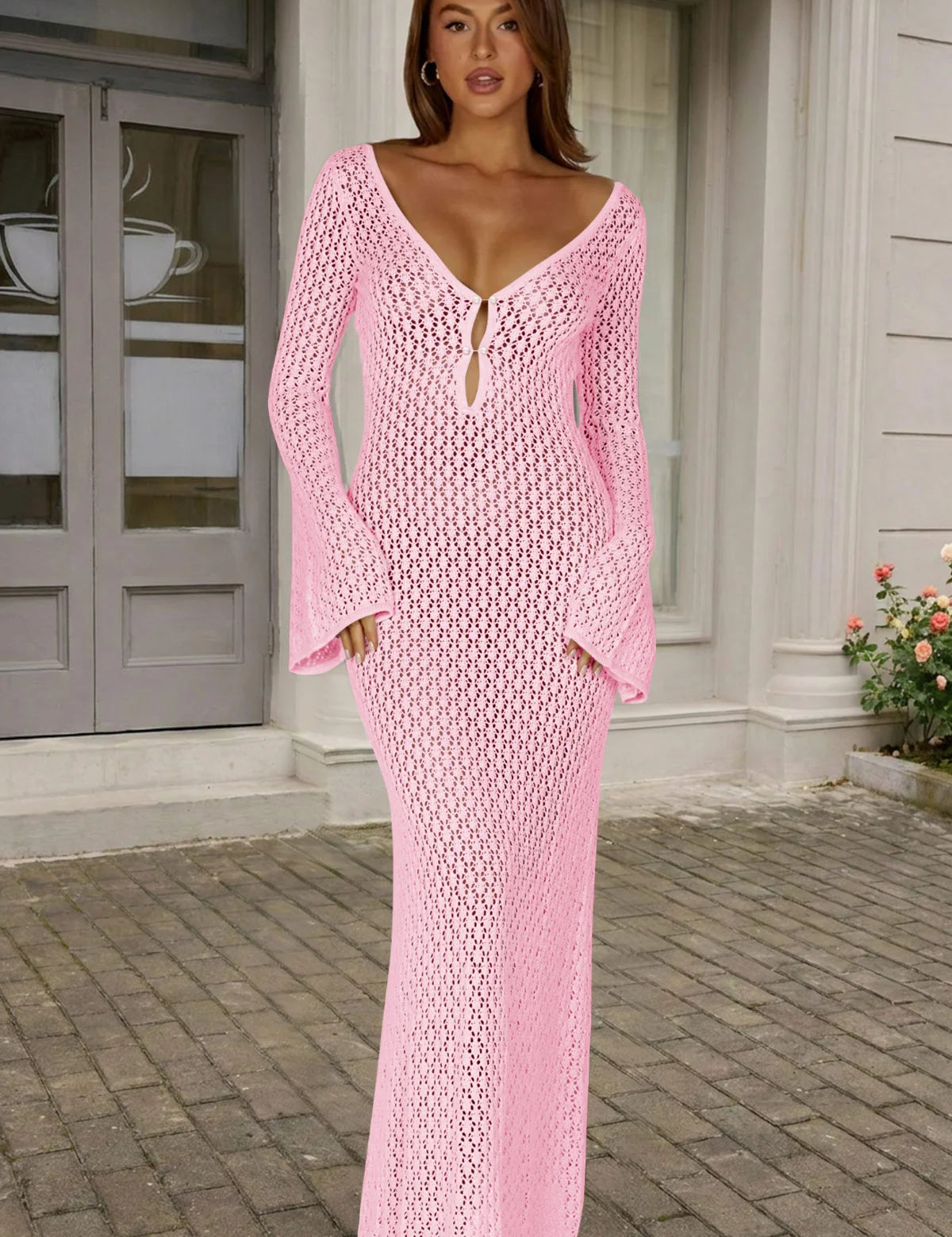 Fisoew Women's Pink Long Sleeve Sexy Bodycon Summer Knit Dresses - Fisoew