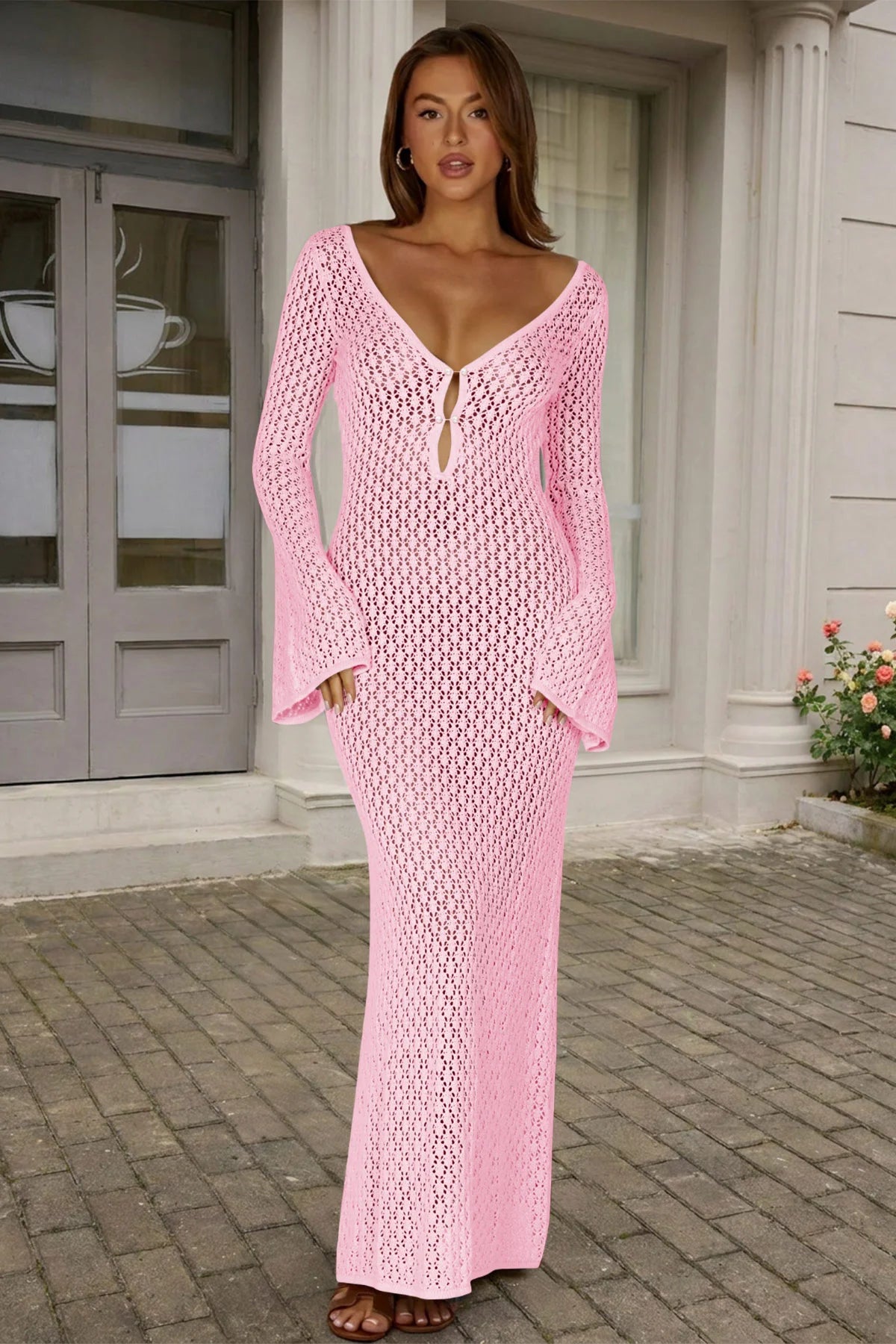 Fisoew Women's Pink Long Sleeve Sexy Bodycon Summer Knit Dresses