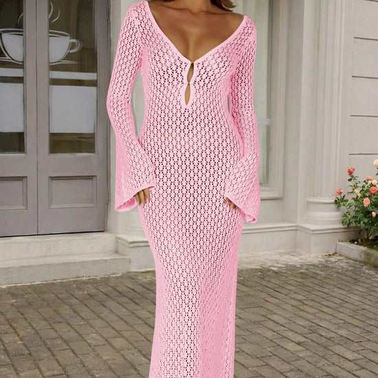 Fisoew Women's Pink Long Sleeve Sexy Bodycon Summer Knit Dresses - Fisoew