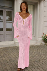 Fisoew Women's Pink Long Sleeve Sexy Bodycon Summer Knit Dresses