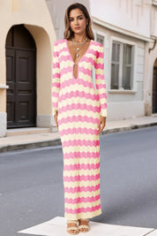 Fisoew Women's Pink Striped Sexy Crochet Maxi Dress