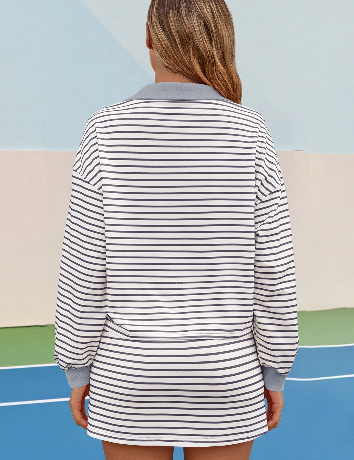 Womens Grey Striped 2 Piece Outfits Fisoew - Fisoew