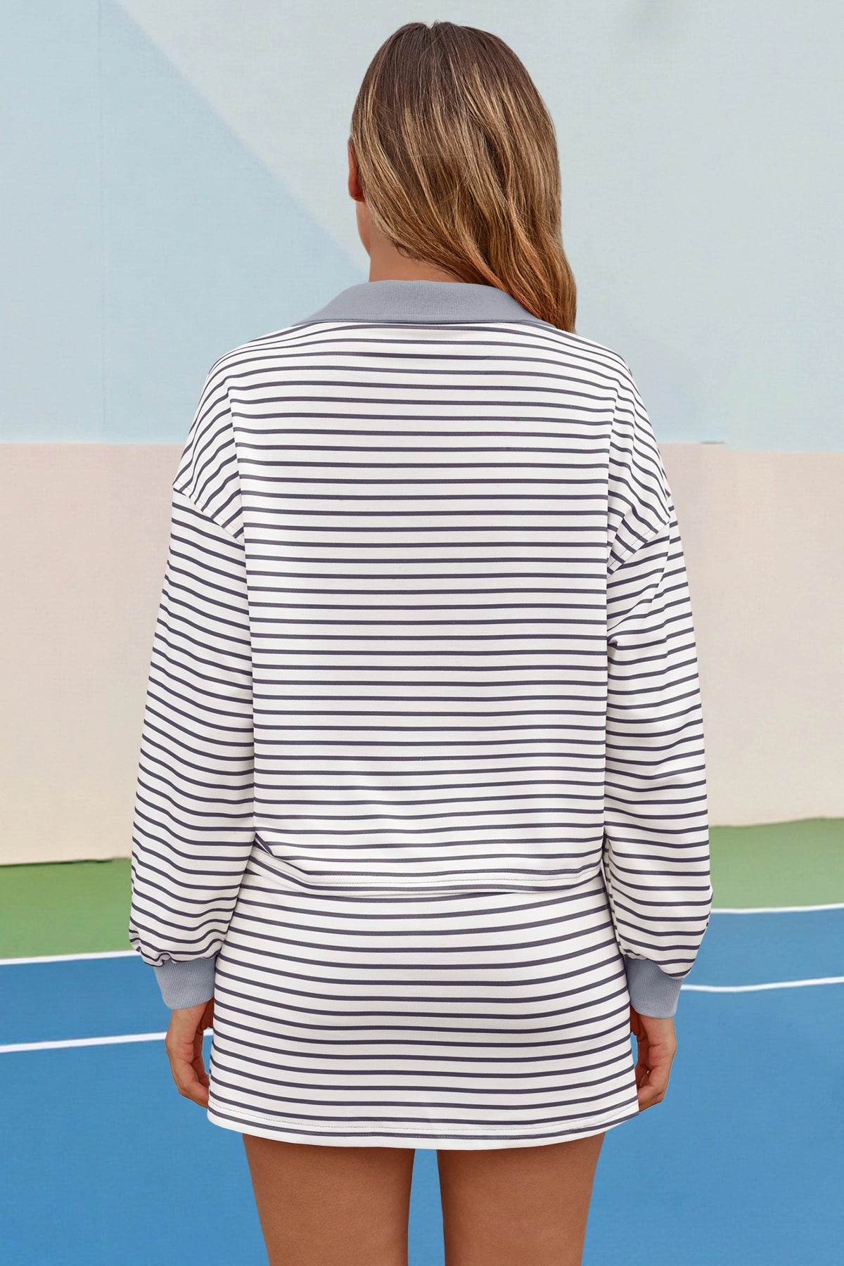 Womens Grey Striped 2 Piece Outfits Fisoew - Fisoew
