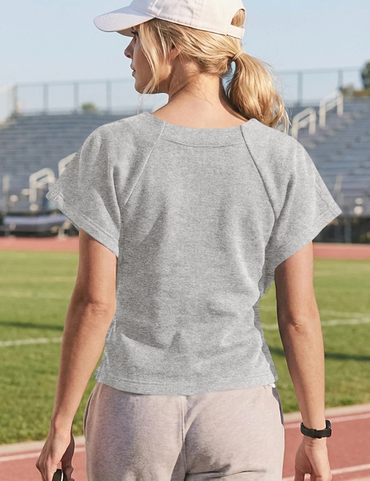 Fisoew Women's Grey Summer Short Sleeves Tee Tops Crewneck Sweatshirt - Fisoew