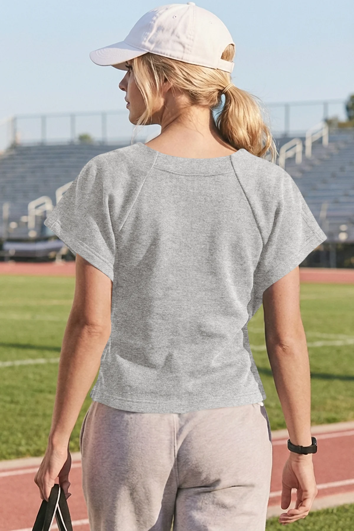 Fisoew Women's Grey Summer Short Sleeves Tee Tops Crewneck Sweatshirt - Fisoew