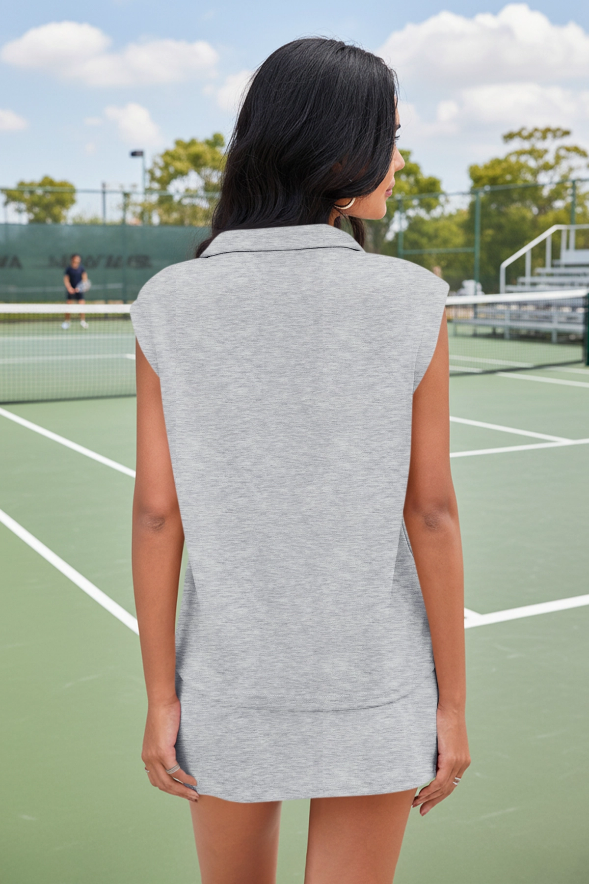 Grey Sleeveless Half Zip Skirt Sets Fisoew