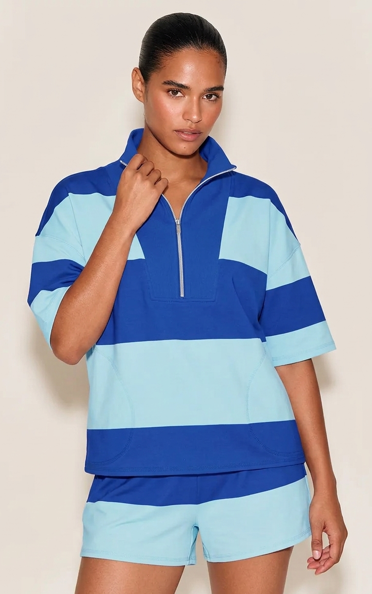 Womens Blue 2 Piece Outfits Striped Sets Fisoew - Fisoew