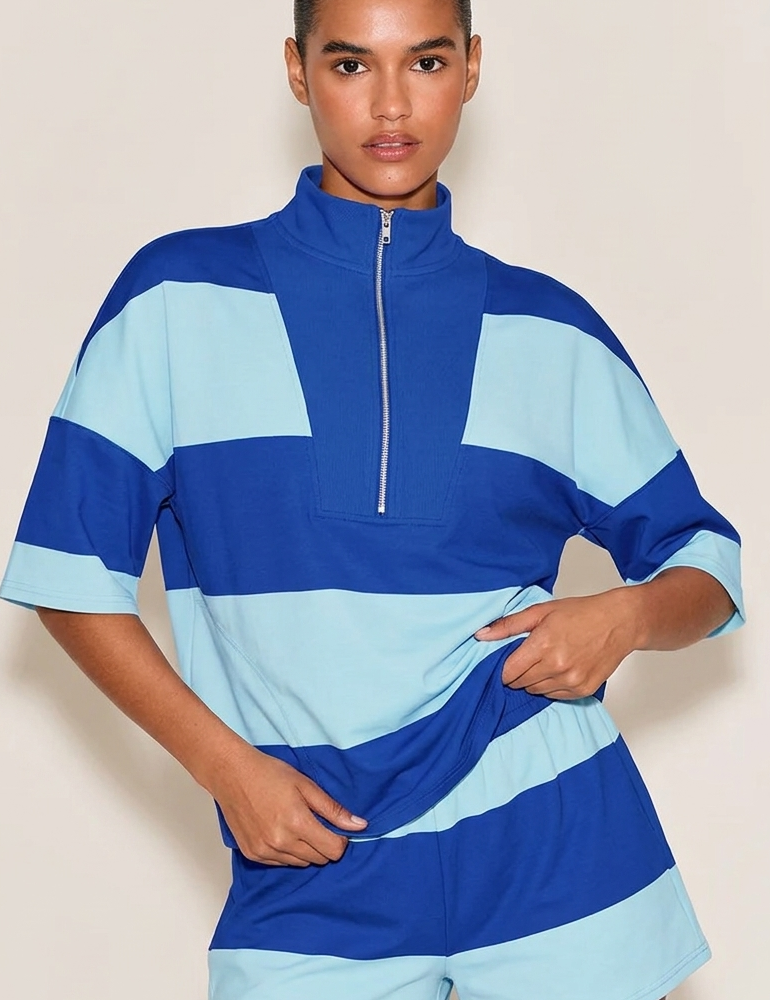 Womens Blue 2 Piece Outfits Striped Sets Fisoew - Fisoew