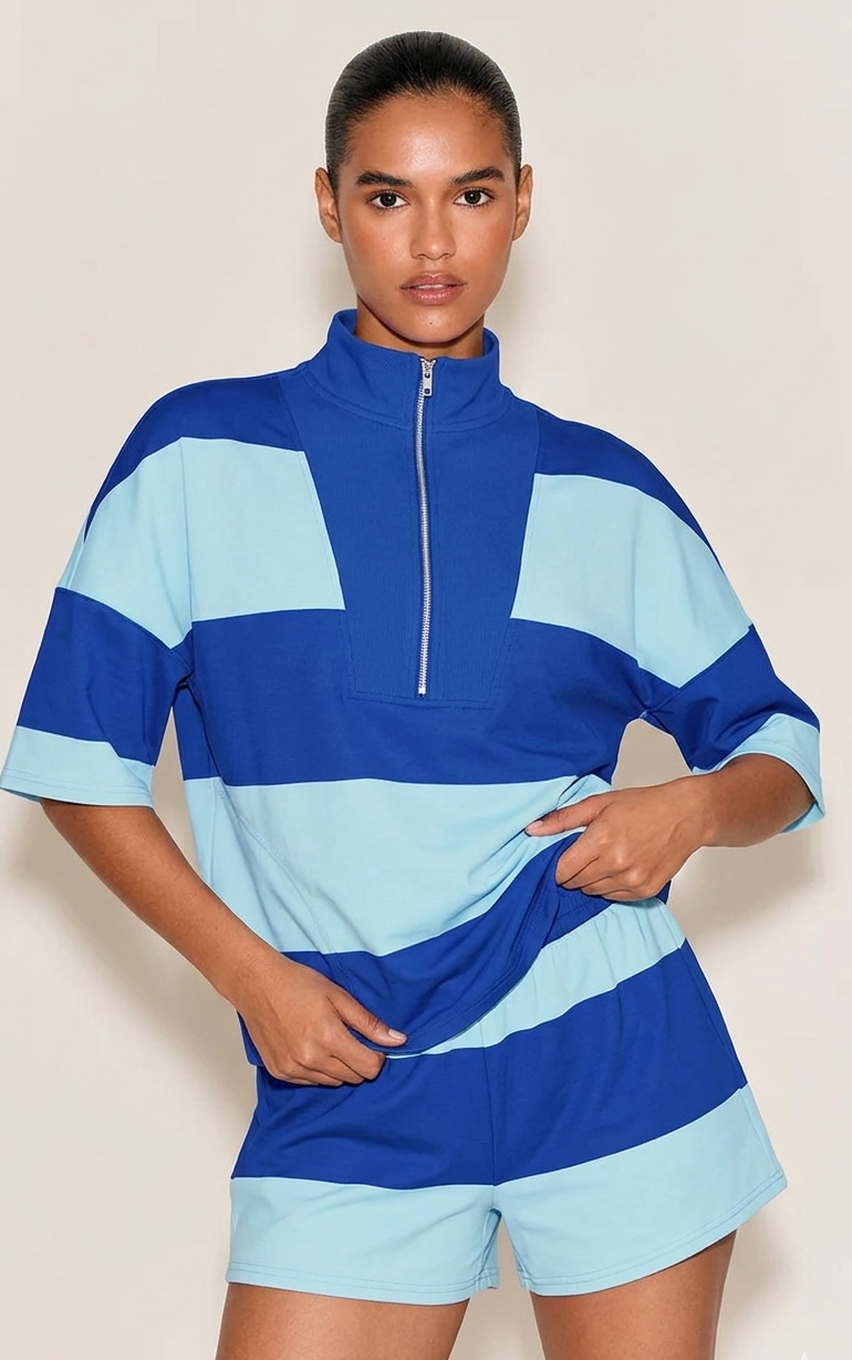 Womens Blue 2 Piece Outfits Striped Sets Fisoew - Fisoew
