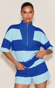 Womens Blue 2 Piece Outfits Striped Sets Fisoew - Fisoew