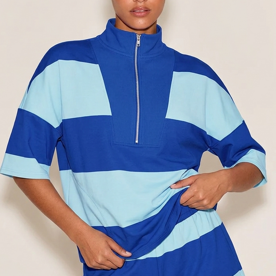 Womens Blue 2 Piece Outfits Striped Sets Fisoew - Fisoew